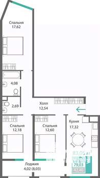 3-к квартира, строящийся дом, 83м2, 2/9 этаж