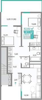 2-к квартира, строящийся дом, 69м2, 1/2 этаж