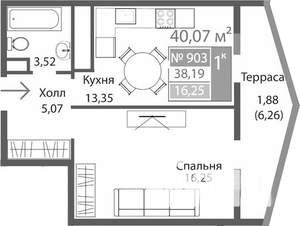 1-к квартира, вторичка, 34м2, 9/9 этаж