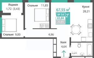 2-к квартира, строящийся дом, 66м2, 7/16 этаж