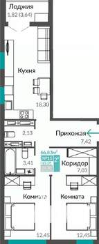 2-к квартира, строящийся дом, 65м2, 7/9 этаж