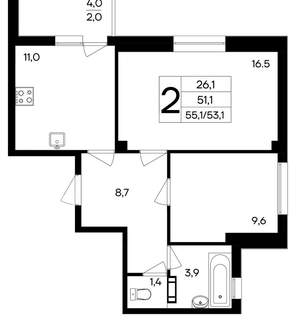 2-к квартира, вторичка, 55м2, 2/9 этаж