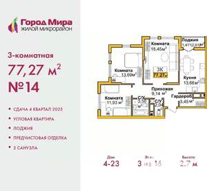 3-к квартира, вторичка, 77м2, 3/16 этаж