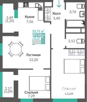 2-к квартира, строящийся дом, 54м2, 15/16 этаж