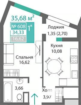 1-к квартира, строящийся дом, 36м2, 6/9 этаж