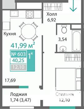 1-к квартира, строящийся дом, 42м2, 6/9 этаж