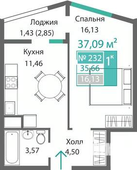 1-к квартира, строящийся дом, 37м2, 2/9 этаж