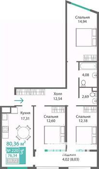 3-к квартира, строящийся дом, 80м2, 2/9 этаж