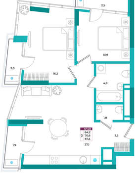 2-к квартира, вторичка, 68м2, 8/24 этаж