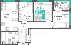 3-к квартира, строящийся дом, 64м2, 14/16 этаж