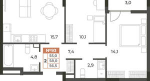 2-к квартира, вторичка, 57м2, 4/8 этаж