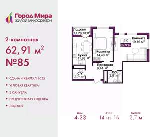 2-к квартира, вторичка, 63м2, 14/16 этаж