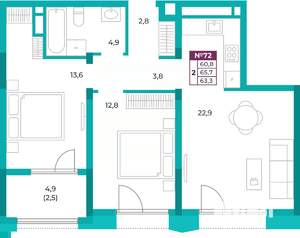 2-к квартира, вторичка, 63м2, 9/16 этаж