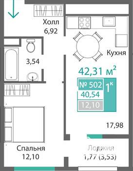 1-к квартира, строящийся дом, 42м2, 5/9 этаж