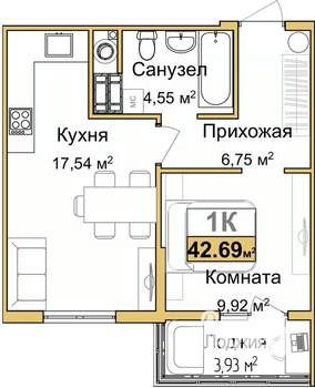 1-к квартира, вторичка, 41м2, 2/9 этаж