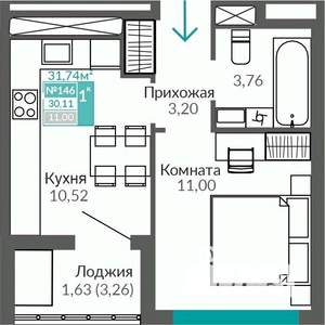 1-к квартира, строящийся дом, 30м2, 4/9 этаж
