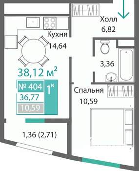 1-к квартира, строящийся дом, 37м2, 4/9 этаж
