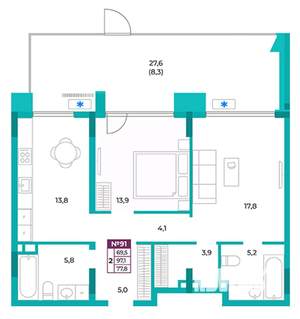 2-к квартира, вторичка, 78м2, 1/9 этаж