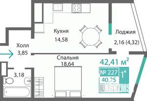 1-к квартира, строящийся дом, 42м2, 2/9 этаж