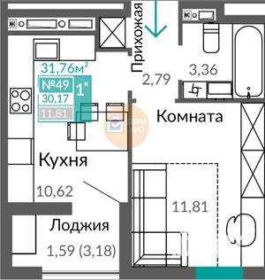 1-к квартира, вторичка, 30м2, 8/9 этаж