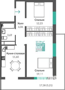 2-к квартира, строящийся дом, 58м2, 7/10 этаж