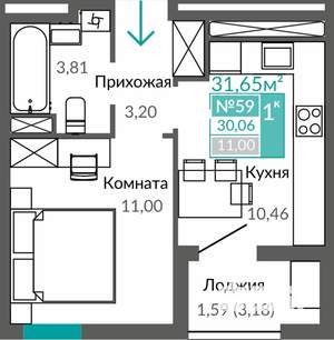 1-к квартира, строящийся дом, 30м2, 8/9 этаж