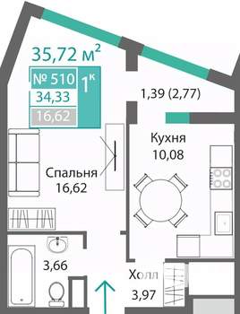 1-к квартира, строящийся дом, 36м2, 7/9 этаж