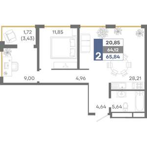 2-к квартира, вторичка, 66м2, 2/16 этаж