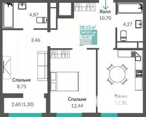 2-к квартира, строящийся дом, 58м2, 9/12 этаж