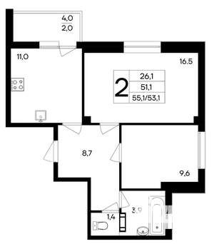 2-к квартира, строящийся дом, 55м2, 2/9 этаж
