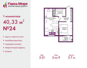 1-к квартира, вторичка, 40м2, 5/9 этаж