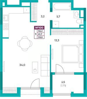 1-к квартира, вторичка, 59м2, 13/20 этаж