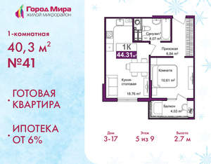 1-к квартира, сданный дом, 40м2, 5/10 этаж