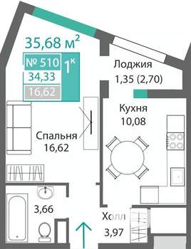 1-к квартира, вторичка, 36м2, 5/9 этаж