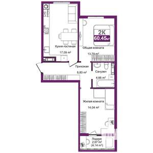 2-к квартира, вторичка, 60м2, 8/9 этаж