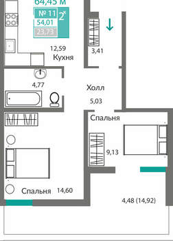 2-к квартира, вторичка, 54м2, 1/8 этаж