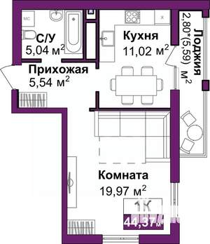 1-к квартира, вторичка, 44м2, 10/16 этаж