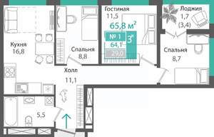 3-к квартира, строящийся дом, 64м2, 14/16 этаж