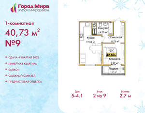 1-к квартира, вторичка, 41м2, 2/9 этаж