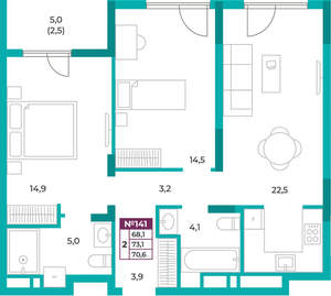 2-к квартира, вторичка, 71м2, 17/16 этаж