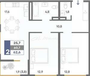 2-к квартира, вторичка, 63м2, 14/16 этаж