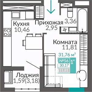 1-к квартира, строящийся дом, 30м2, 4/9 этаж