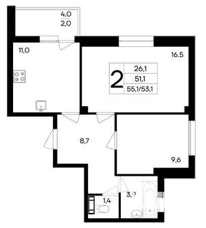 2-к квартира, строящийся дом, 55м2, 7/9 этаж