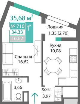 1-к квартира, строящийся дом, 36м2, 7/9 этаж