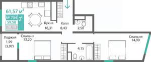 2-к квартира, строящийся дом, 62м2, 7/9 этаж