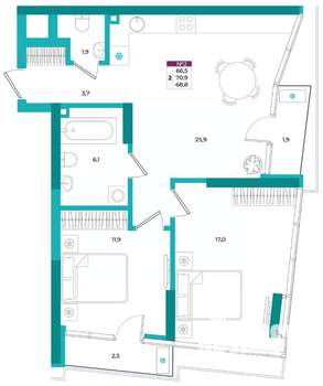 2-к квартира, вторичка, 69м2, 2/24 этаж
