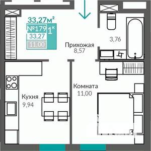 1-к квартира, строящийся дом, 33м2, 1/9 этаж