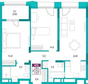 2-к квартира, вторичка, 72м2, 2/20 этаж