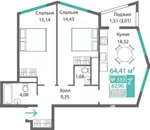 2-к квартира, строящийся дом, 64м2, 3/9 этаж
