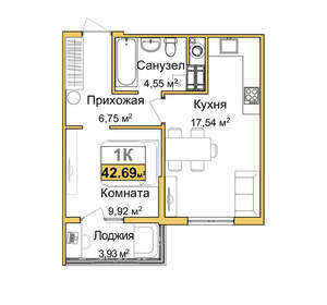 1-к квартира, вторичка, 41м2, 2/9 этаж